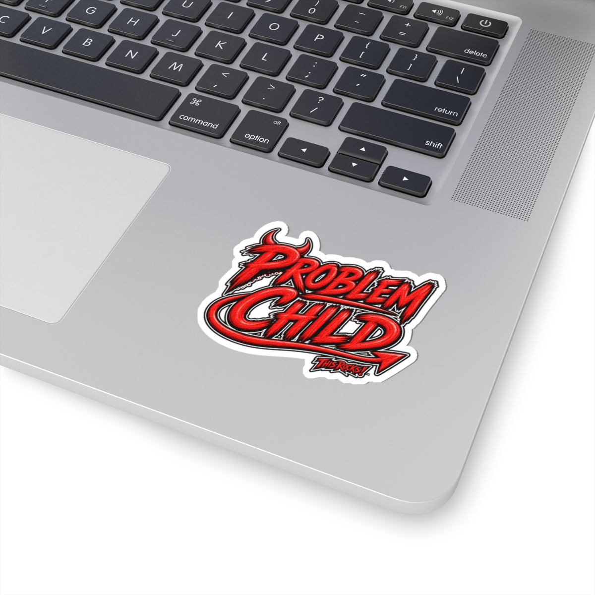 THIS ROCKS!™ "Problem Child"™ Red Graphic Sticker — Bold Retro Script Kiss-Cut