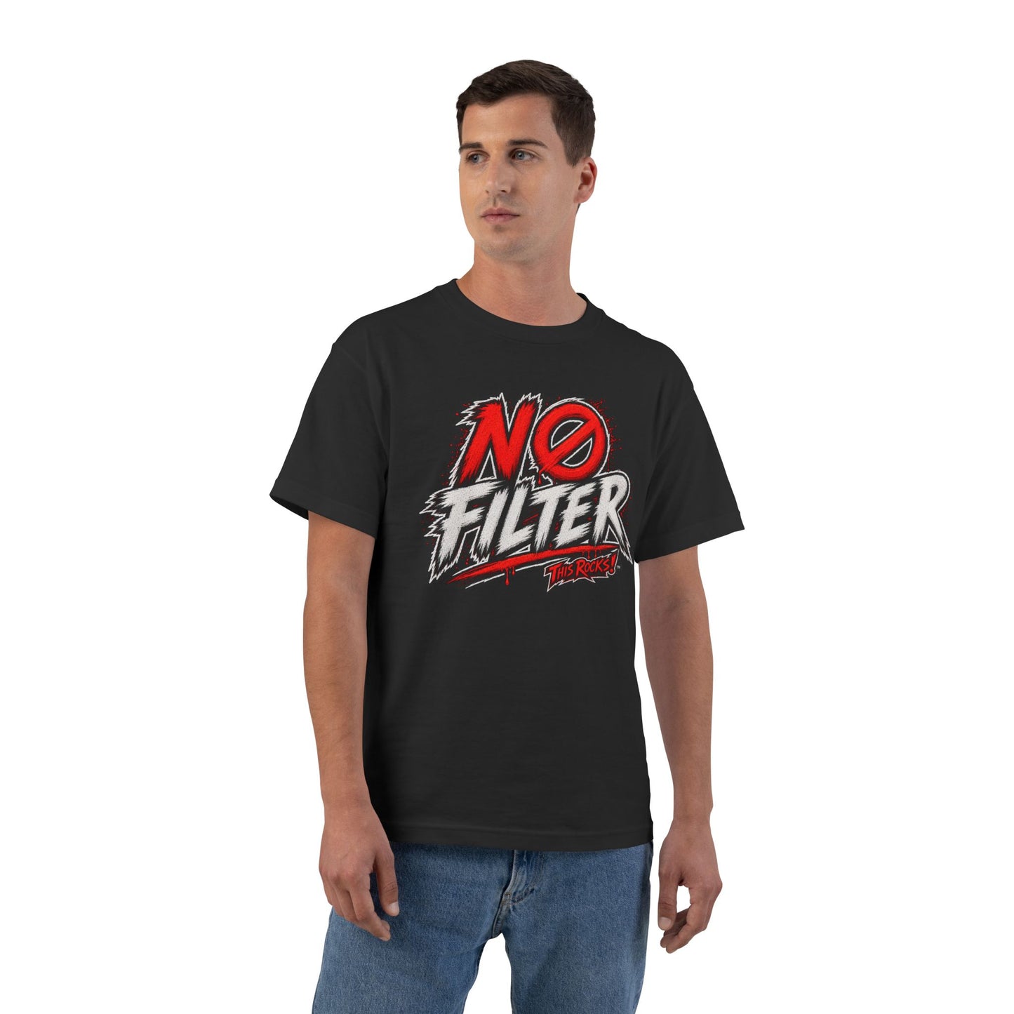 THIS ROCKS!™ "No Filter™" Graphic T-Shirt — Bold Red & White Streetwear Tee