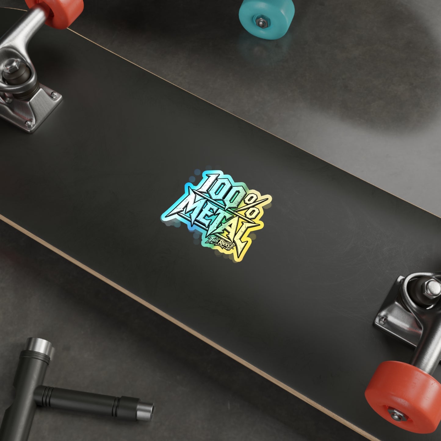 THIS ROCKS!™ "100% Metal"™ Holographic Die-Cut Sticker — Heavy Metal Skate Decal