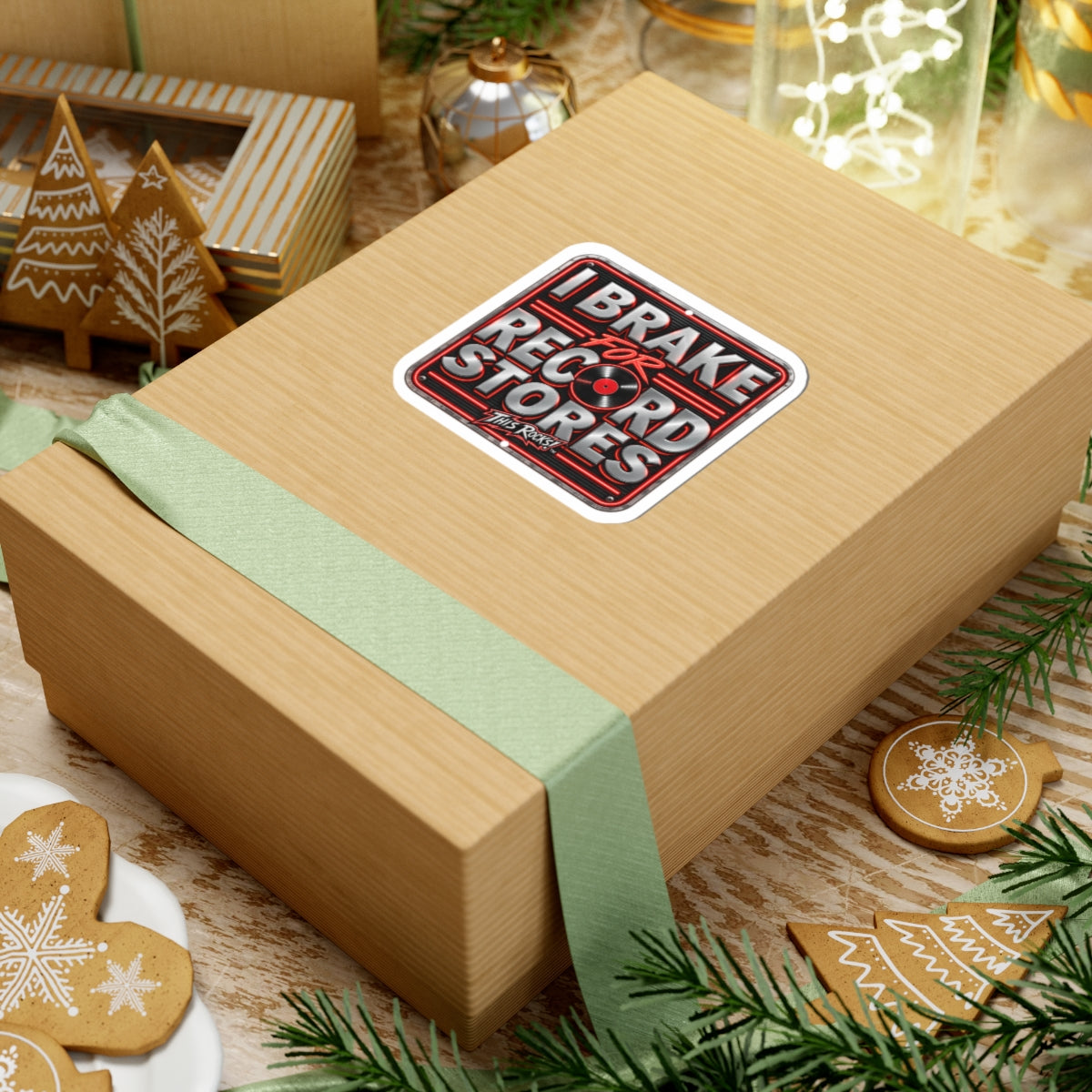 THIS ROCKS!™ "I Brake for Record Stores"™ Sticker — Retro Vinyl Music Laptop Decal