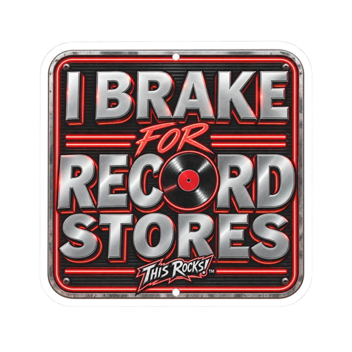 THIS ROCKS!™ "I Brake for Record Stores"™ Sticker — Retro Vinyl Music Laptop Decal