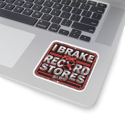 THIS ROCKS!™ "I Brake for Record Stores"™ Sticker — Retro Vinyl Music Laptop Decal
