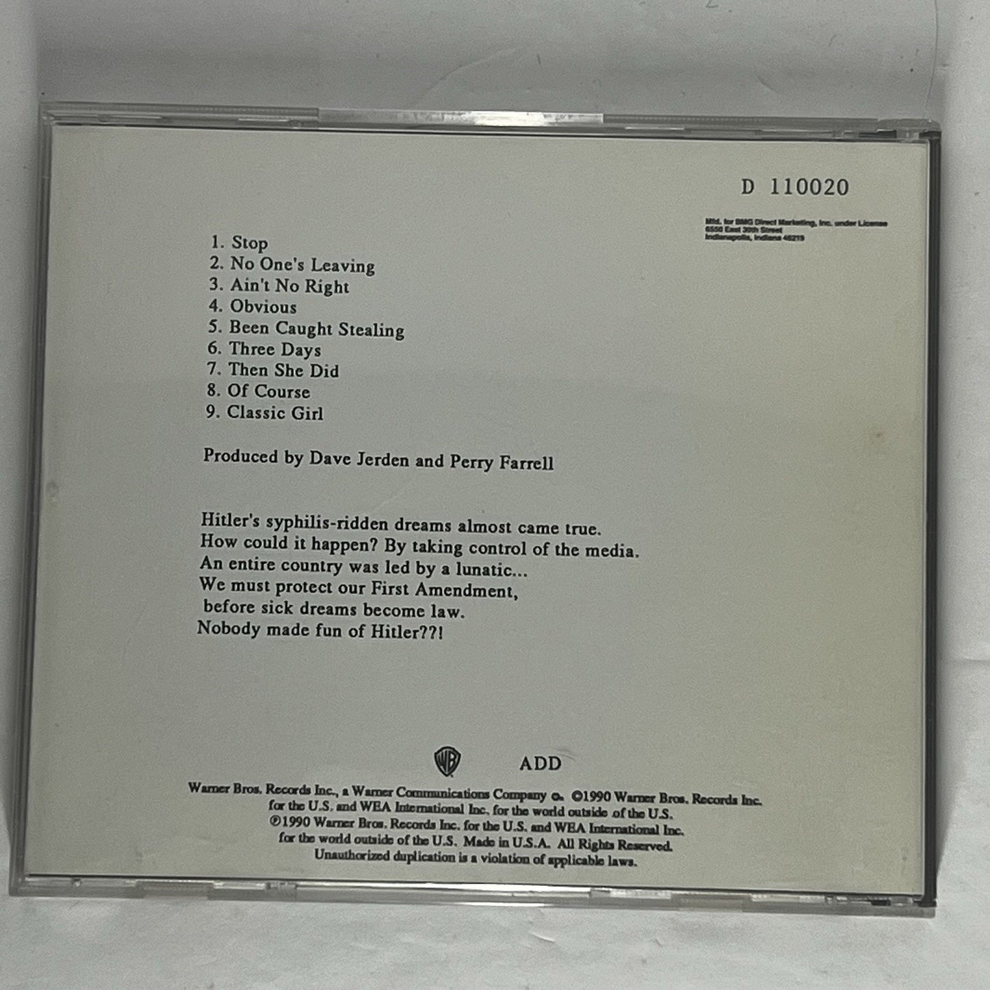 Jane's Addiction – Ritual De Lo Habitual CD Warner Bros Parental Advisory
